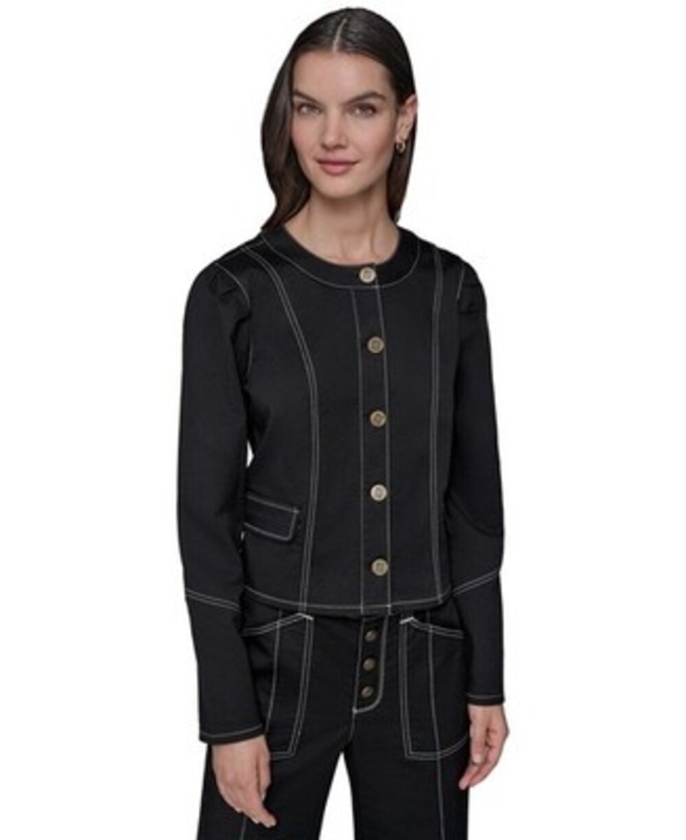 KARL LAGERFELD PARIS Cropped Contrast Stitching Denim Jacket Women's 10 Black
